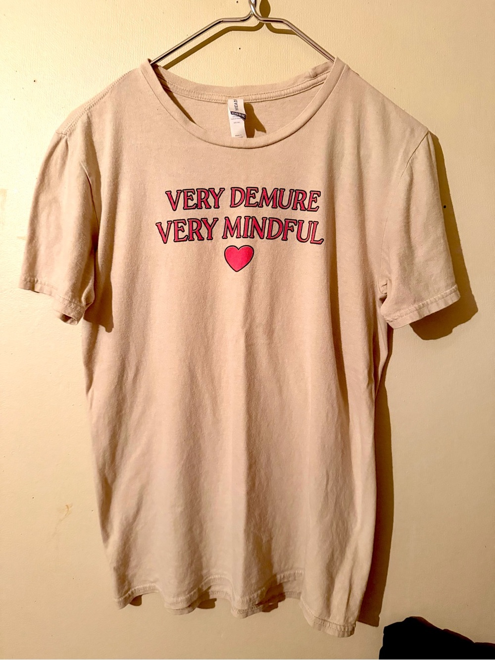 Very Demure Very Mindful Short Sleeve Graphic Tee - Beige with Pink Accent